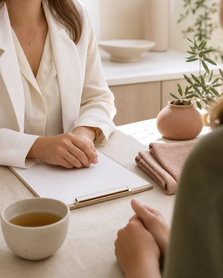 Cena discreta de consulta médica em ambiente claro, com acolhimento e privacidade para saúde feminina.